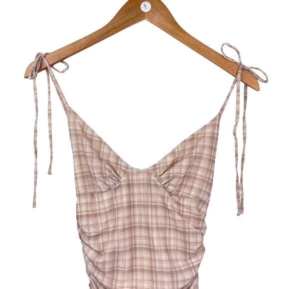 Wilfred Tan Plaid Tie Spaghetti Strap Ruched Side V-Neck Lined Bodycon Dress - Picture 3 of 8